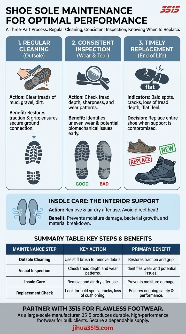 What maintenance is required for shoe soles to ensure optimal performance? Extend Footwear Life & Safety Visual Guide