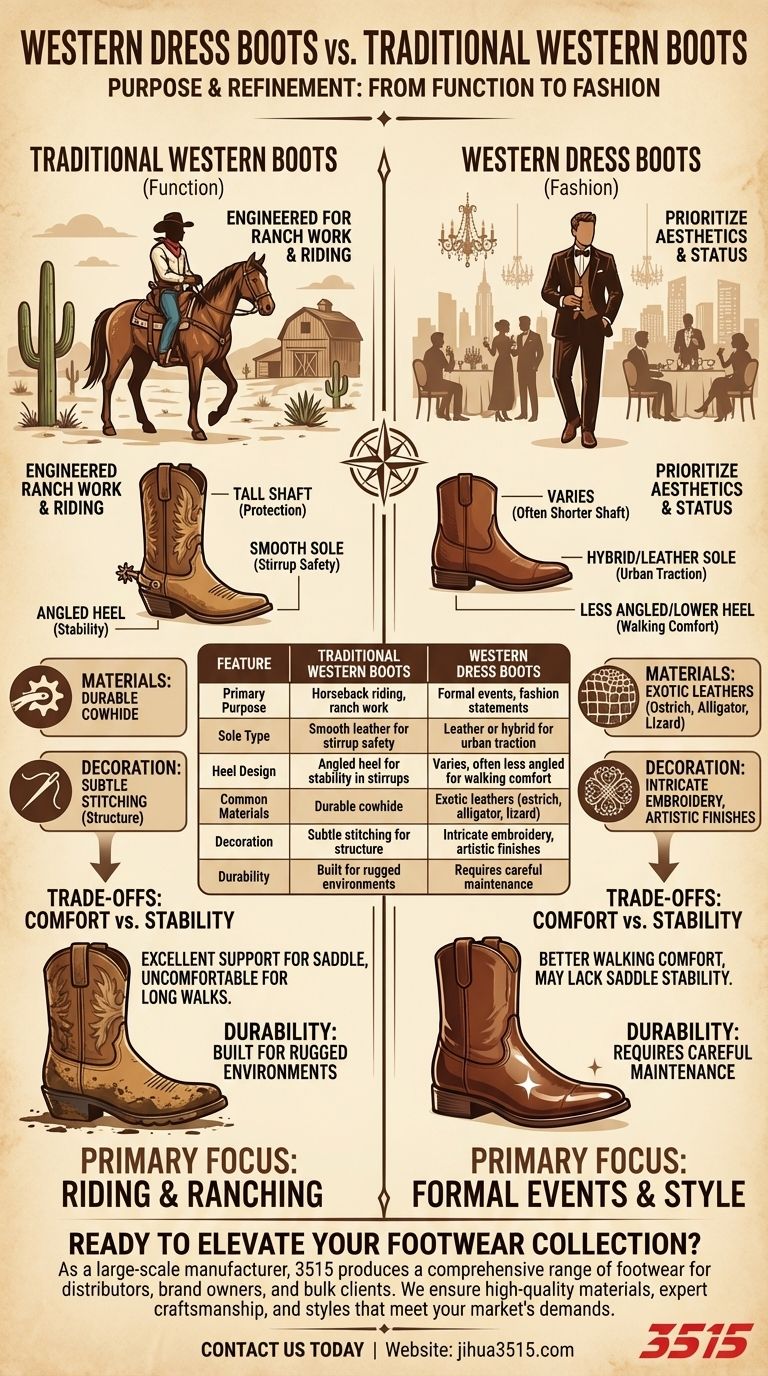 How do Western dress boots differ from traditional Western boots? A Guide to Style vs. Function Visual Guide