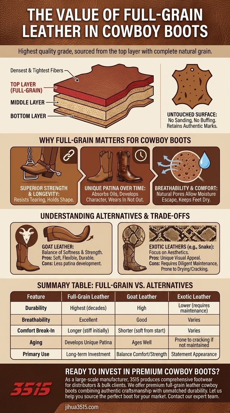 ما هو الجلد كامل الحبوب ولماذا يُطلب لأحذية رعاة البقر؟ متانة لا مثيل لها وجمال طبيعي دليل مرئي