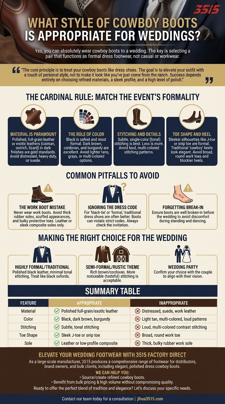 Quel style de bottes de cowboy convient aux mariages ? Un guide de l'étiquette des chaussures habillées Guide Visuel