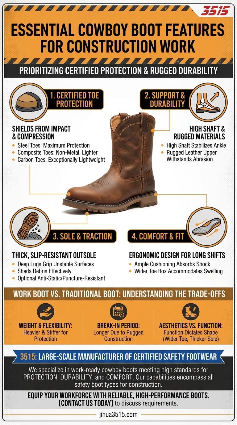 Quali caratteristiche sono essenziali negli stivali da cowboy per lavori di costruzione? Dare priorità alla sicurezza certificata e alla durata Guida Visiva