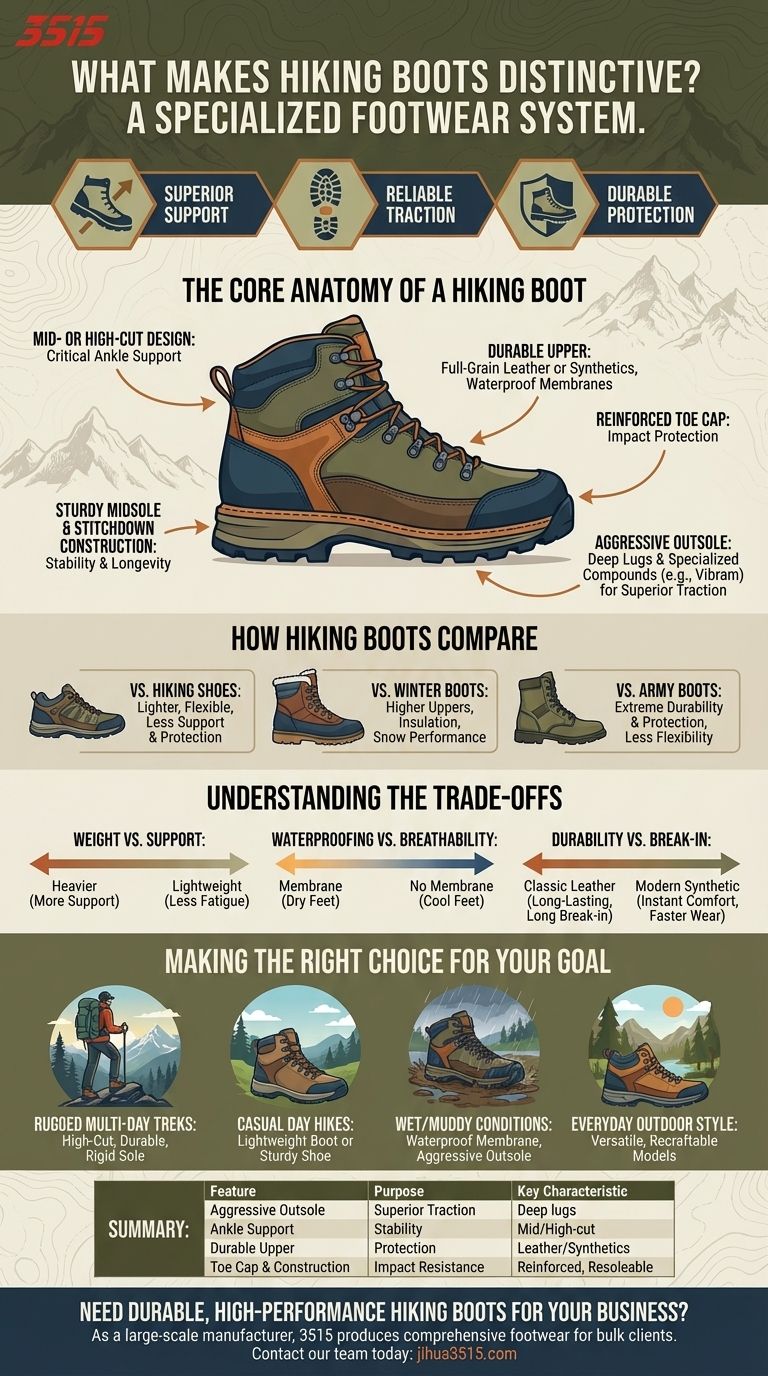 O que torna as botas de caminhada distintas? Um guia sobre suporte, tração e durabilidade Guia Visual