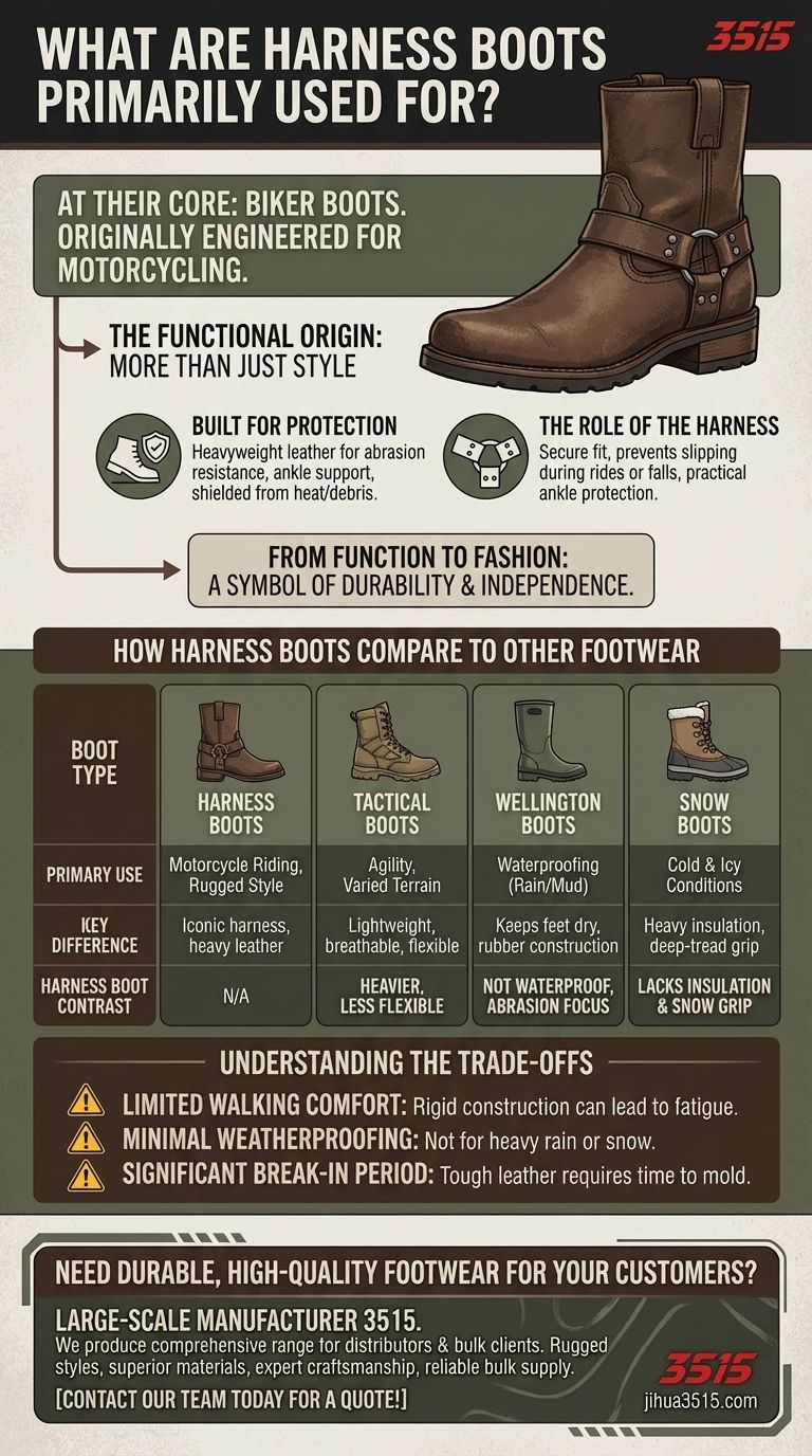 ¿Para qué se utilizan principalmente las botas de arnés? Descubra su origen robusto y su estilo moderno Guía Visual