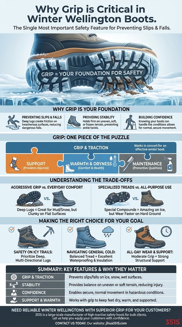 겨울 장화에서 접지력이 중요한 이유는 무엇인가요? 미끄러운 표면에서 안전과 안정성을 보장합니다. 시각적 가이드