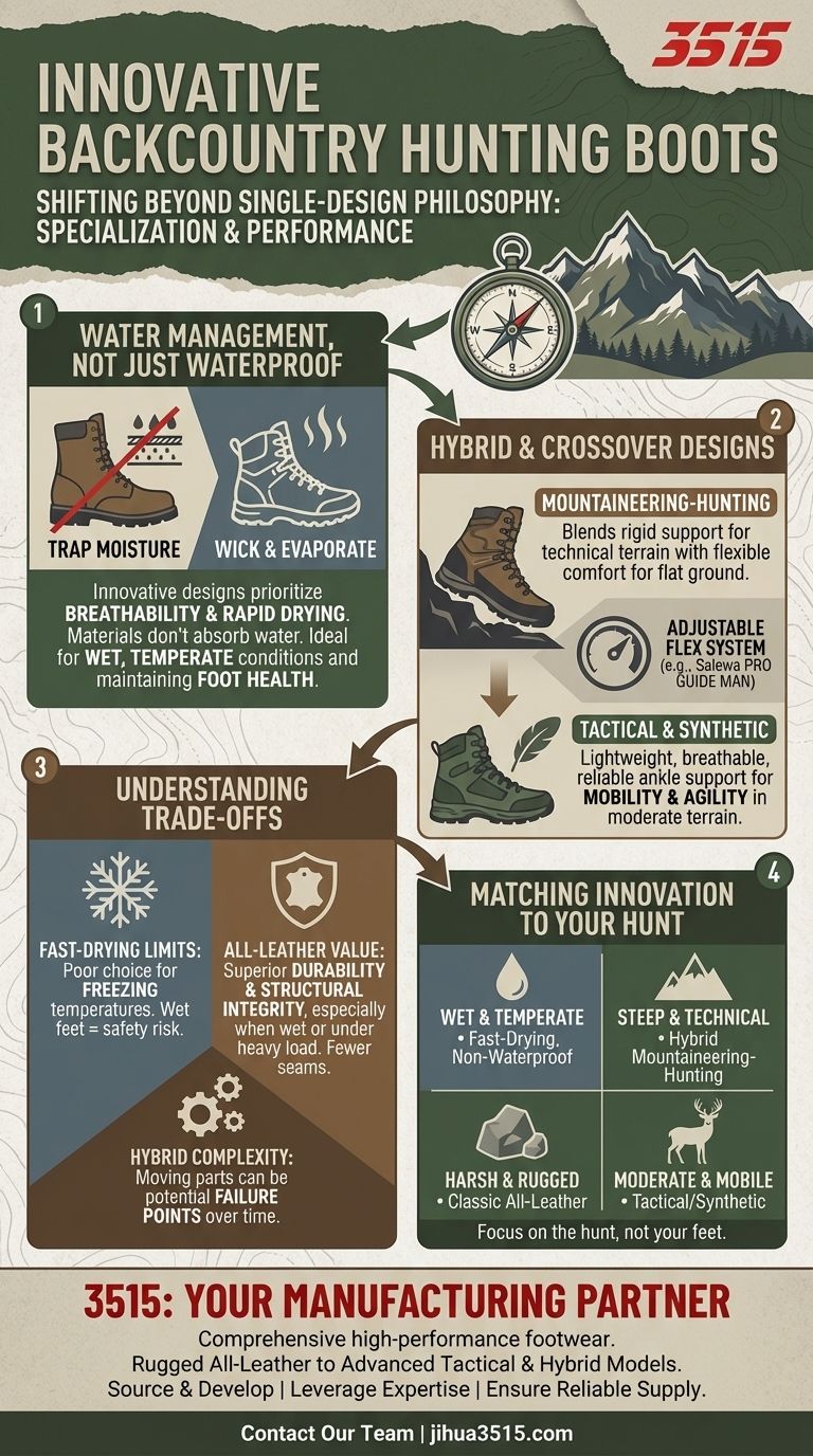 Quels sont les modèles de bottes innovants mentionnés pour la chasse en arrière-pays ? Le passage aux chaussures spécialisées Guide Visuel