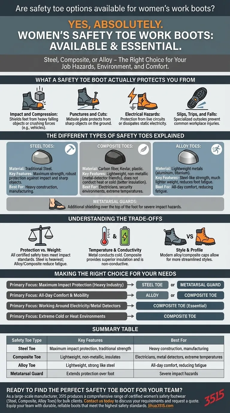 Sono disponibili opzioni di puntale di sicurezza per gli stivali da lavoro da donna? Una guida ai puntali in acciaio, composito e lega Guida Visiva