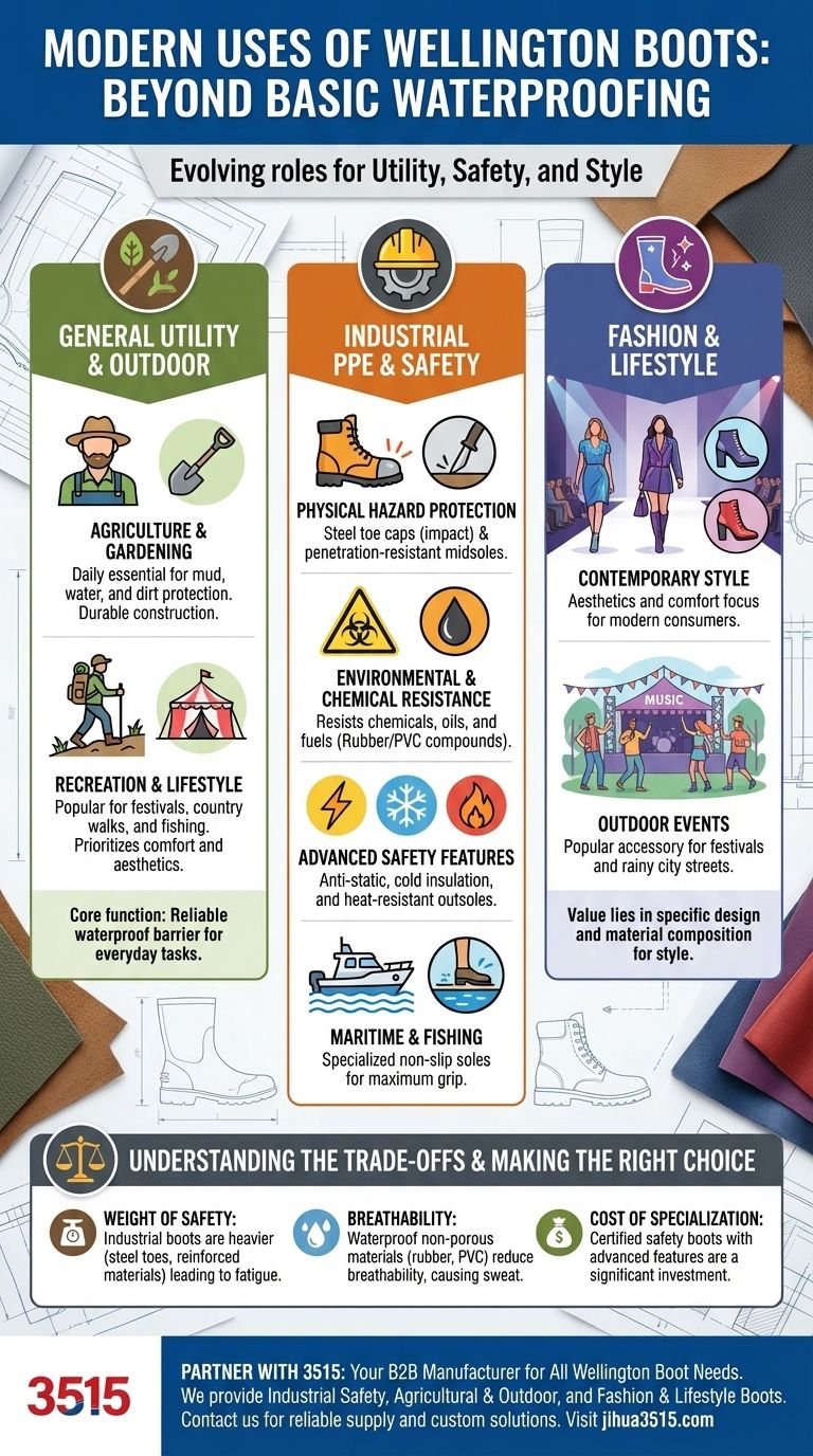Quali sono gli usi moderni degli stivali Wellington? Dai DPI alla moda e all'agricoltura Guida Visiva