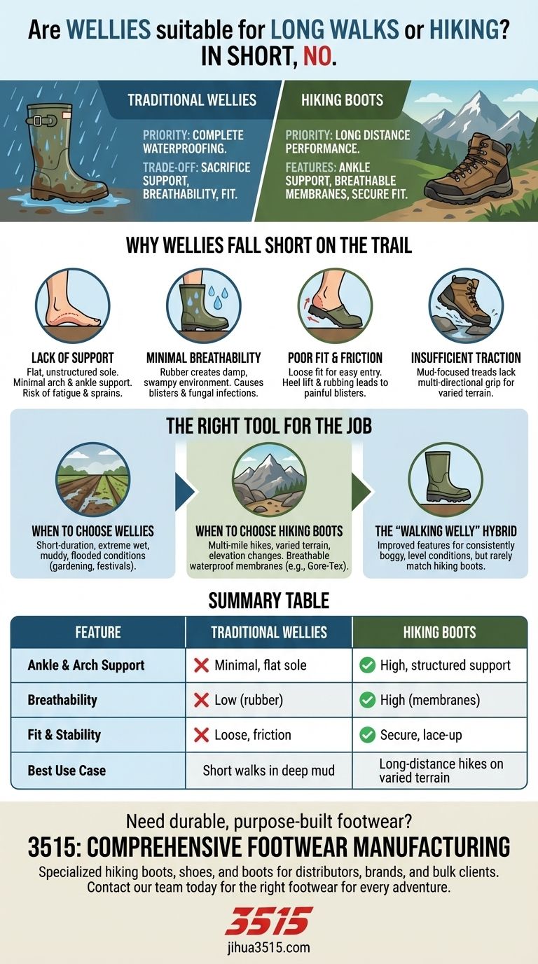 هل الأحذية الطويلة (Wellies) مناسبة للمشي لمسافات طويلة أو التنزه؟ تجنب البثور واختر الحذاء المناسب دليل مرئي