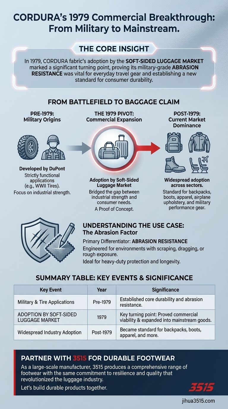 Quel développement important en 1979 a élargi les applications commerciales du tissu CORDURA ? La révolution de la bagagerie Guide Visuel