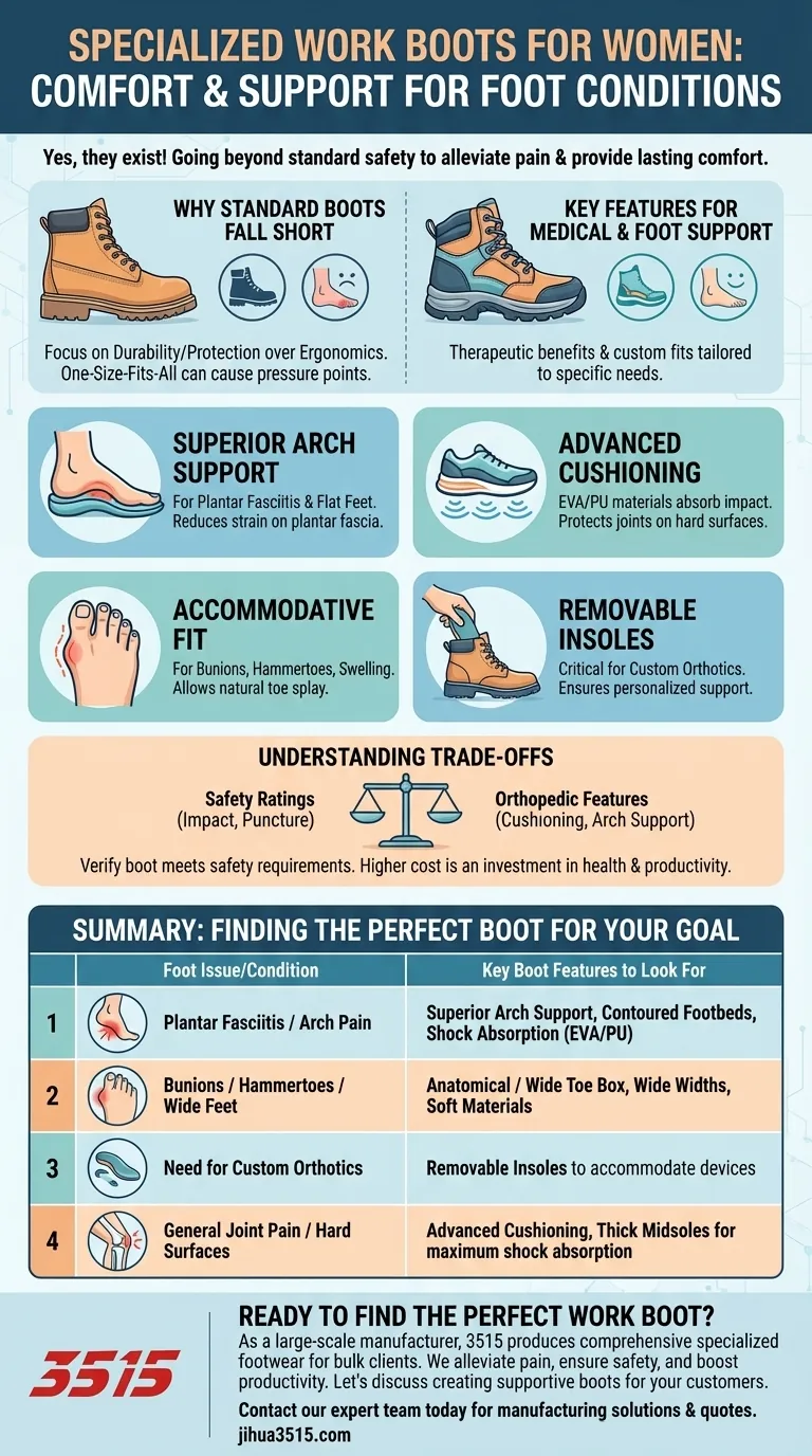 ¿Existen botas de trabajo diseñadas para mujeres con condiciones médicas o problemas en los pies? Encuentra calzado de soporte y protección Guía Visual
