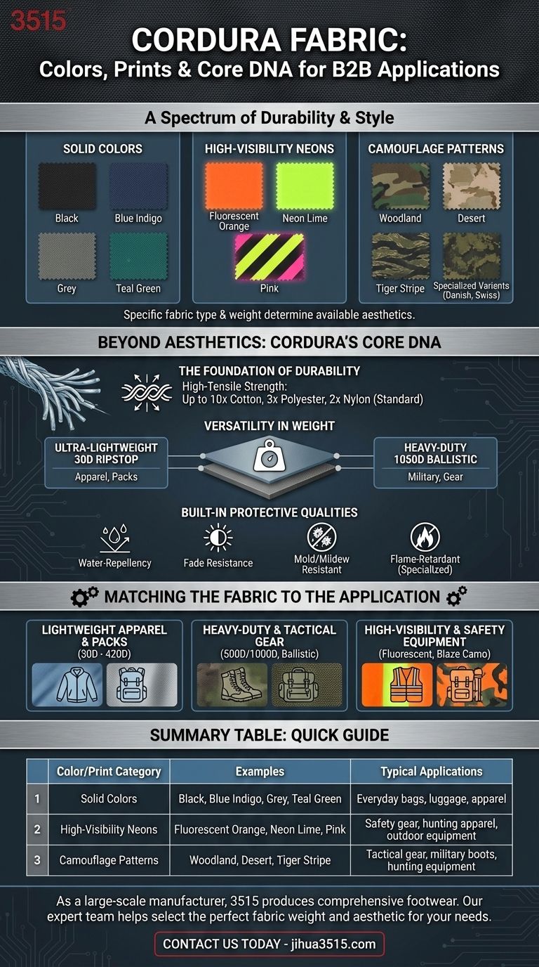 CORDURA 원단에는 어떤 색상과 프린트가 있나요? 뉴트럴 색상부터 네온, 택티컬 카모까지 시각적 가이드