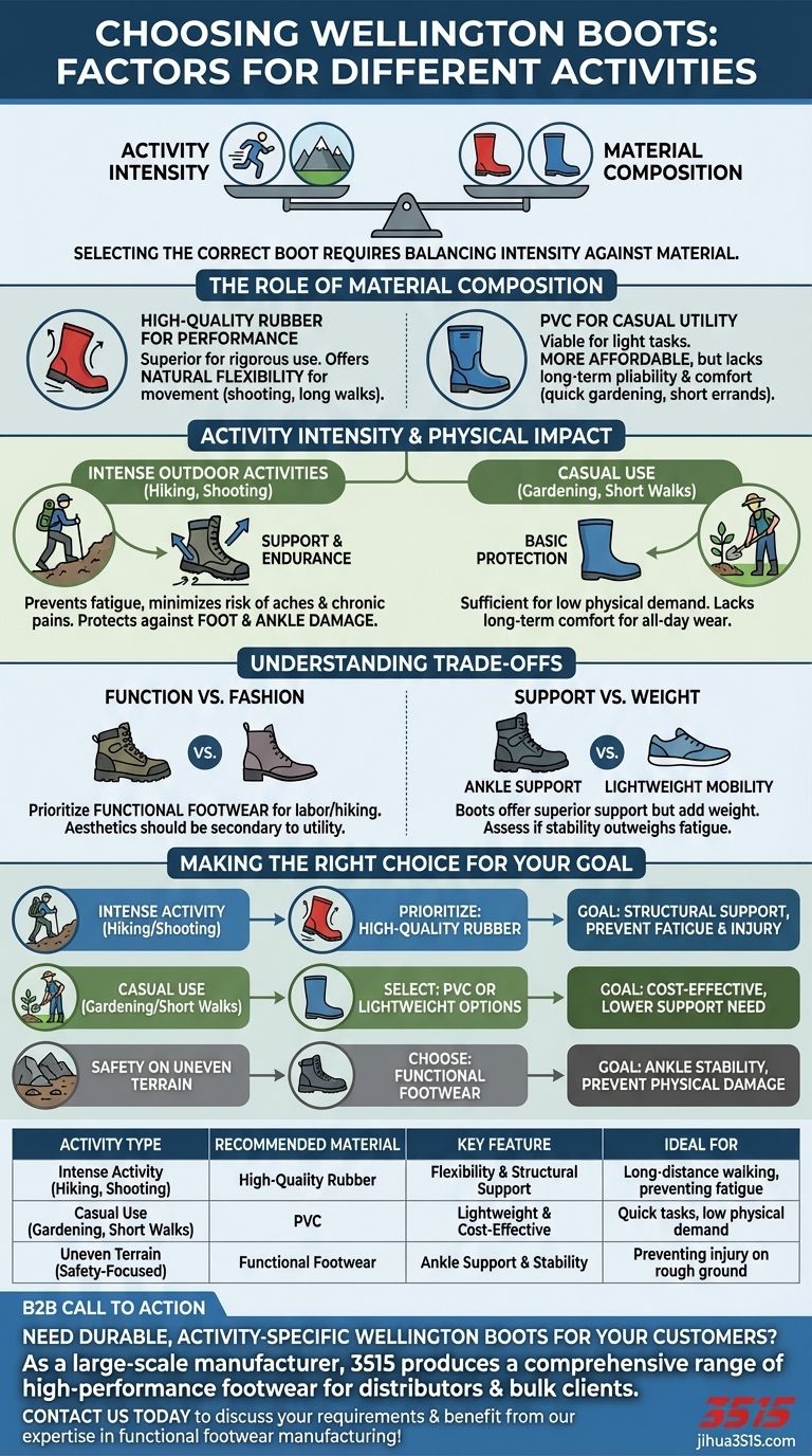 Quali fattori considerare nella scelta degli stivali di gomma per diverse attività? Una guida a materiali, supporto e resistenza Guida Visiva