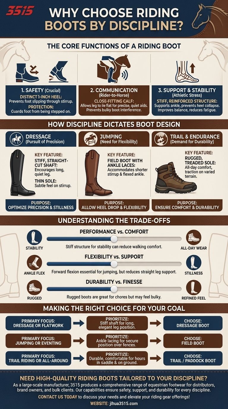 Pourquoi est-il important de choisir des bottes d'équitation en fonction de la discipline pratiquée ? Maximiser la sécurité et les performances Guide Visuel