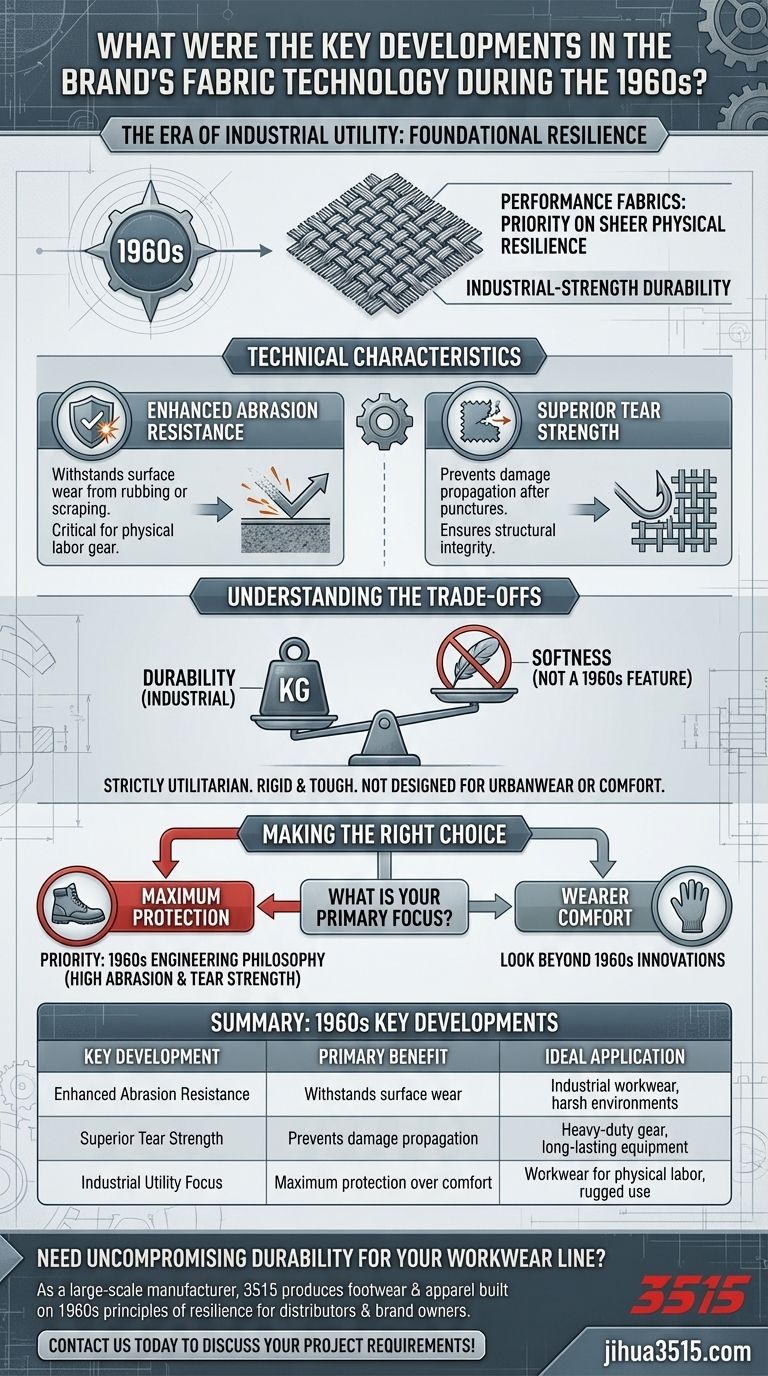 ما هي التطورات الرئيسية في تكنولوجيا الأقمشة الخاصة بالعلامة التجارية خلال الستينيات؟ اكتشف أصول المتانة الصناعية دليل مرئي