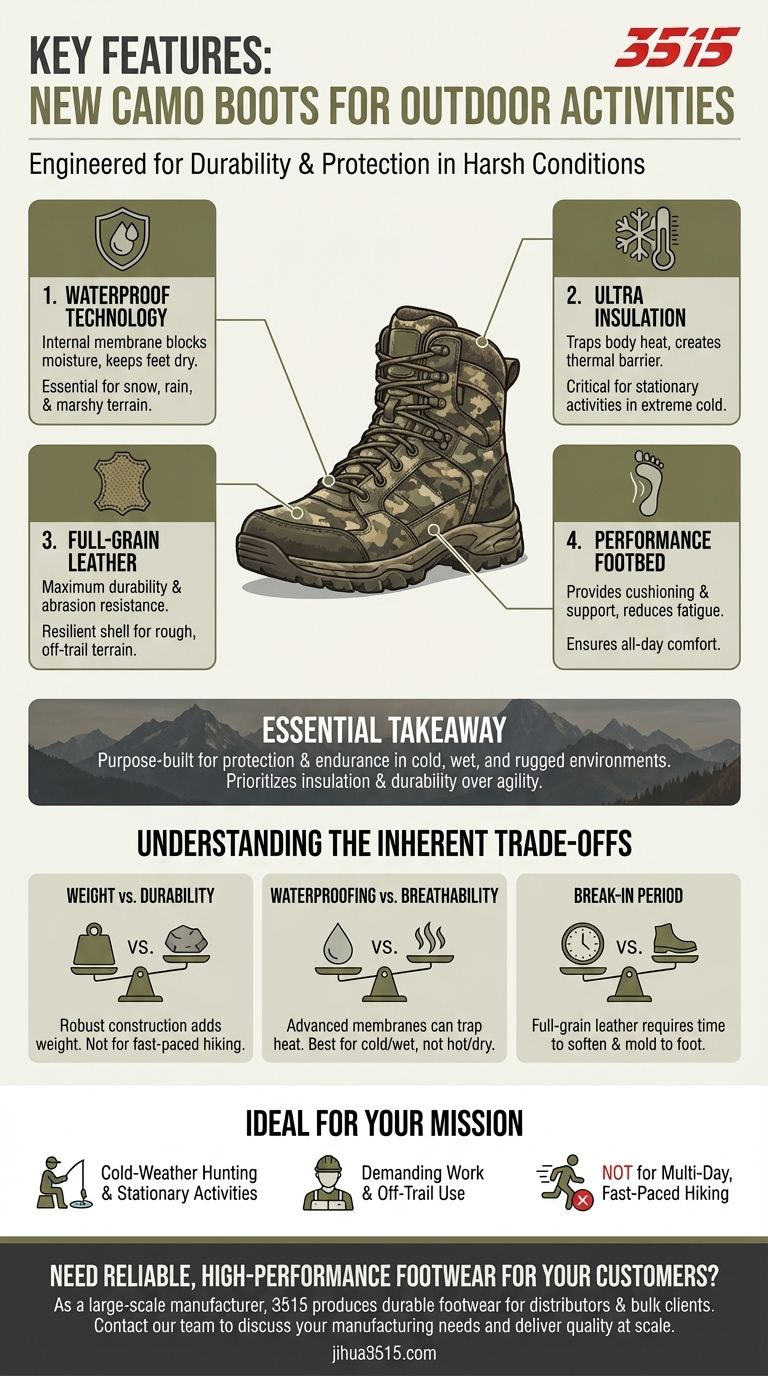 새로운 카모 부츠 라인의 주요 특징은 무엇인가요? 극한의 추위와 험준한 지형을 위해 제작되었습니다. 시각적 가이드