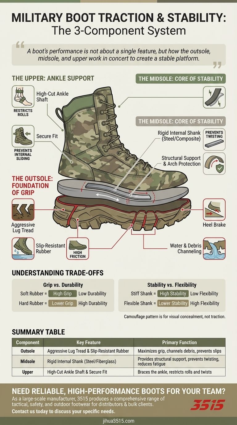 Come forniscono trazione e stabilità gli scarponi militari mimetici? Progettati per un appoggio sicuro su qualsiasi terreno Guida Visiva