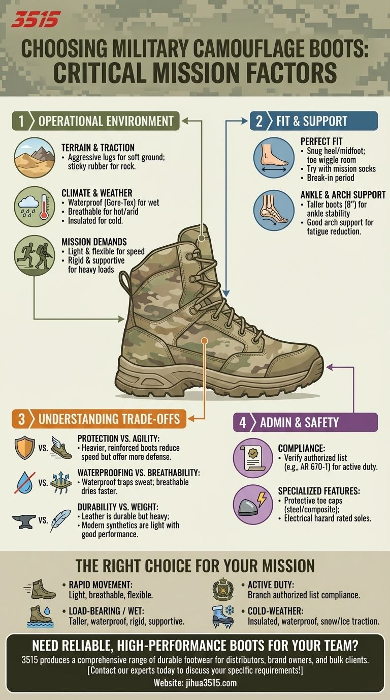 What factors should be considered when choosing military camouflage boots? Prioritize Mission Performance Over Style Visual Guide