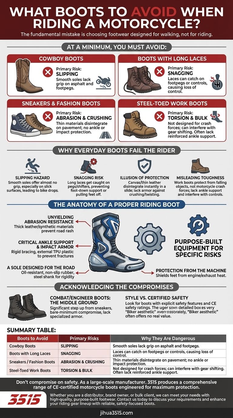What types of boots should be avoided when riding a motorcycle? Protect Your Feet from Common Hazards Visual Guide