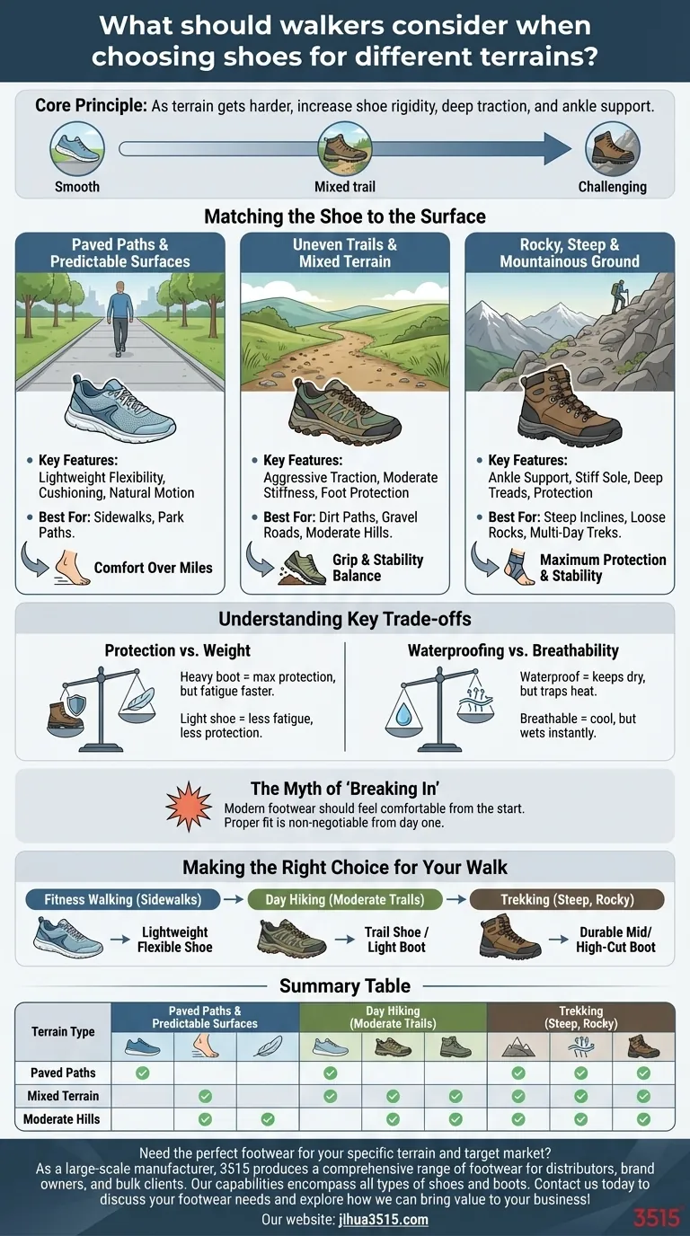 What should walkers consider when choosing shoes for different terrains? Match Your Shoe to the Ground for Safety & Comfort Visual Guide