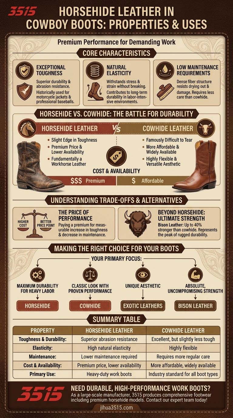 Welche Eigenschaften und Verwendungszwecke hat Pferdeleder bei Cowboystiefeln? Überlegene Zähigkeit für anspruchsvolle Arbeit Visuelle Anleitung