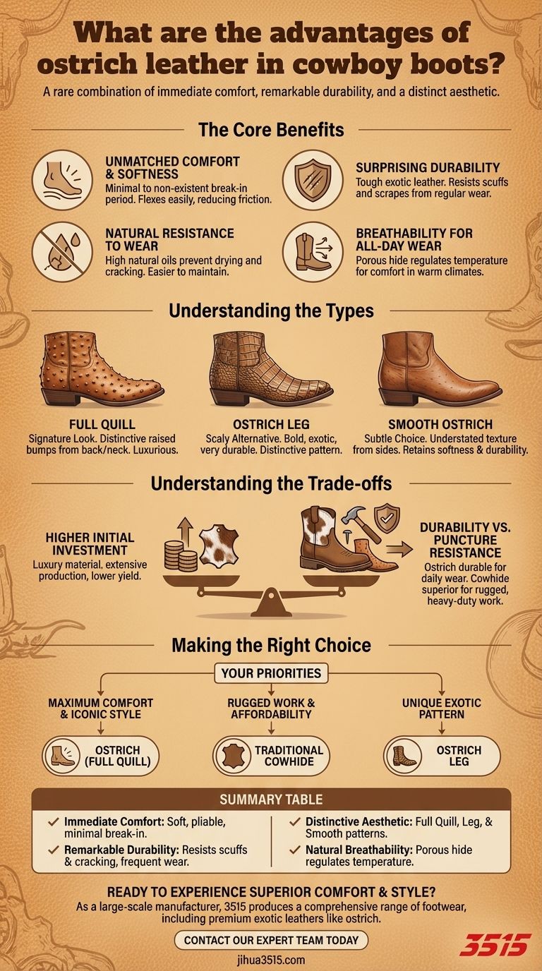 Quels sont les avantages du cuir d'autruche dans les bottes de cowboy ? Confort inégalé et style durable Guide Visuel