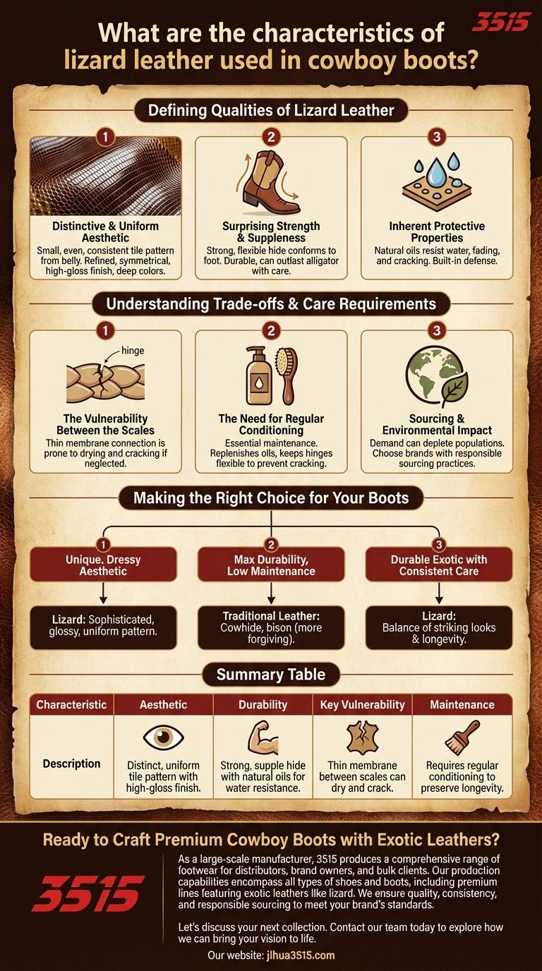 ما هي خصائص جلد السحالي المستخدم في أحذية رعاة البقر؟ دليل لجاذبيته الفريدة ومتانته دليل مرئي