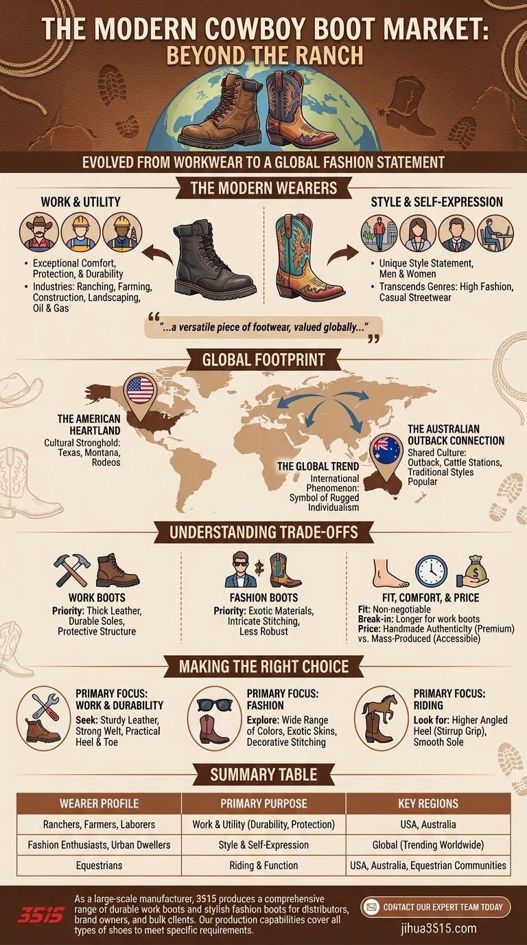 ¿Quién usa botas de vaquero hoy en día y dónde son populares? Del calzado de trabajo a icono de la moda global Guía Visual