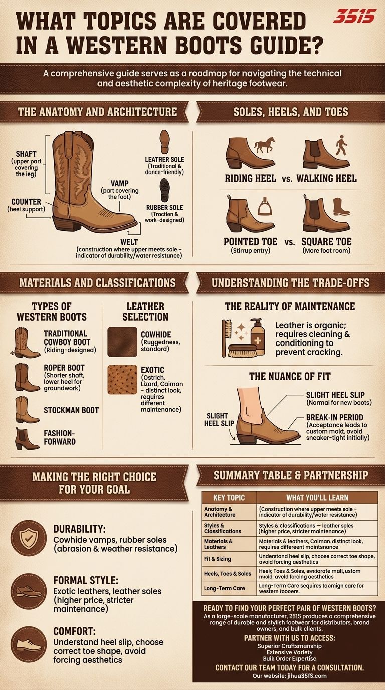 서부 부츠 가이드에는 어떤 주제가 포함되어 있나요? 스타일, 핏 및 관리 필수 핸드북 시각적 가이드