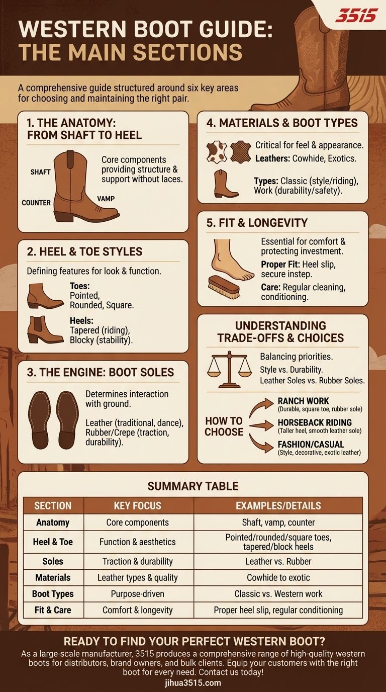 Quais são as principais seções de um guia de botas western? Seu guia completo de anatomia, materiais e ajuste Guia Visual