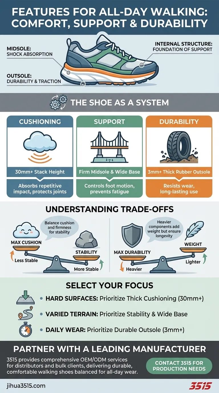 Quelles sont les caractéristiques importantes pour marcher toute la journée ? Amorti, maintien et durabilité essentiels Guide Visuel