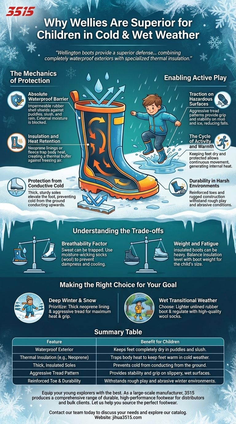 Why are wellies a good footwear choice for children in cold and wet weather? Ultimate Protection for Active Play Visual Guide