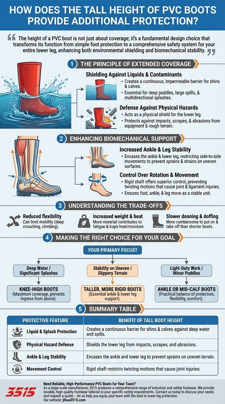 Comment la grande hauteur des bottes en PVC offre-t-elle une protection supplémentaire ? Couverture et stabilité améliorées pour le bas de votre jambe Guide Visuel