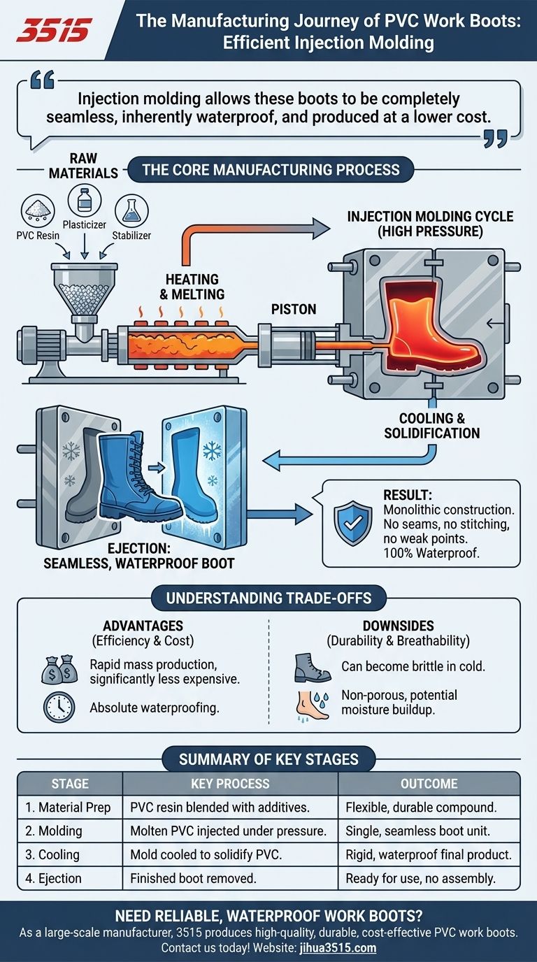 كيف يتم تصنيع أحذية العمل المصنوعة من كلوريد البولي فينيل (PVC) عادةً؟ اكتشف عملية القولبة بالحقن الفعالة دليل مرئي