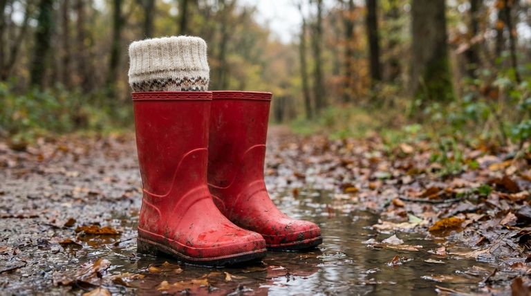 레인부츠에 아이들의 발을 따뜻하게 유지하기 위해 어떤 종류의 양말을 신겨야 할까요? 양모 또는 보온성 소재를 선택하세요.