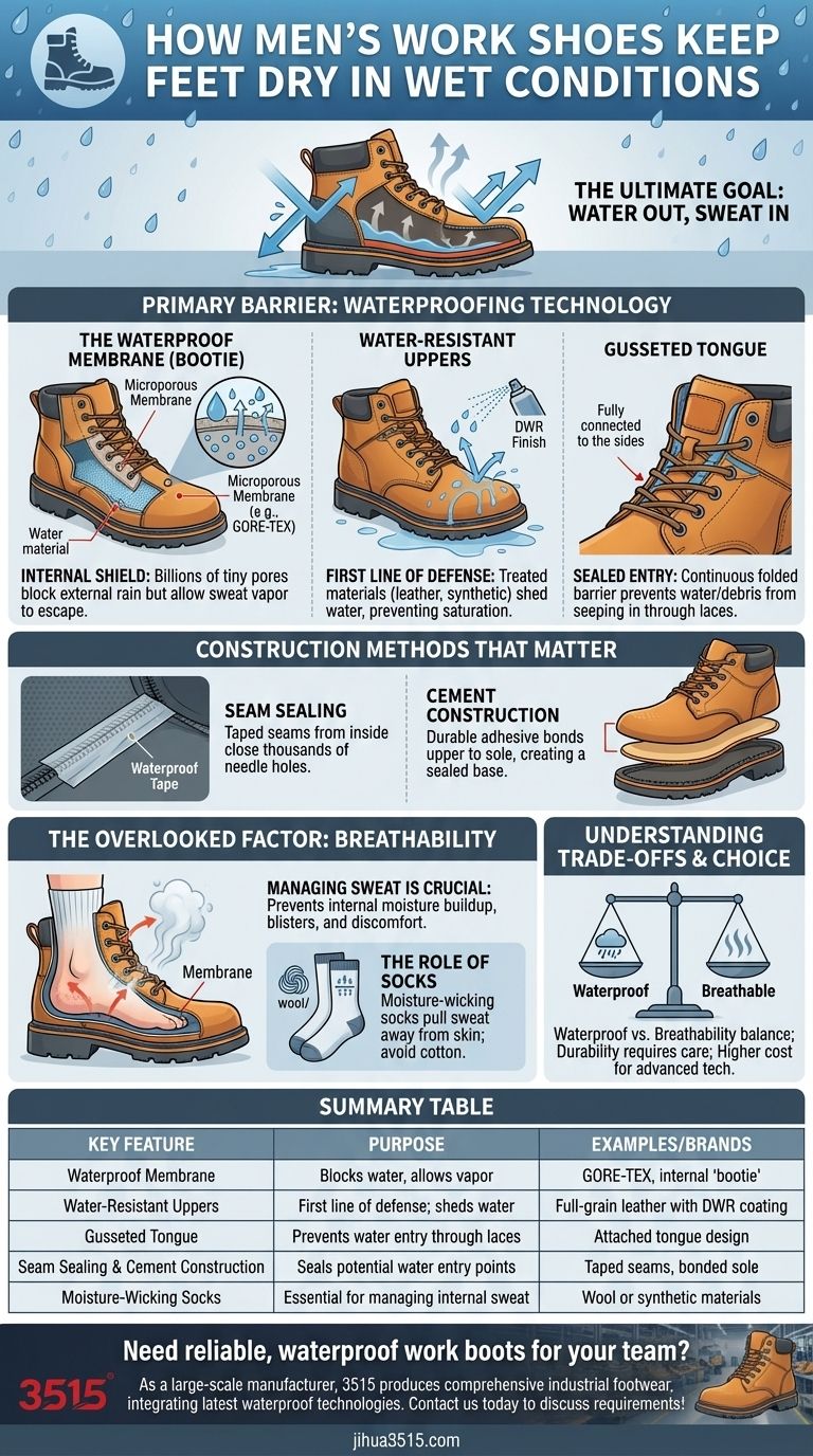 ما هي الميزات التي تساعد في الحفاظ على جفاف القدمين في الظروف الرطبة في أحذية العمل الرجالية؟ التقنيات الرئيسية للراحة طوال اليوم دليل مرئي