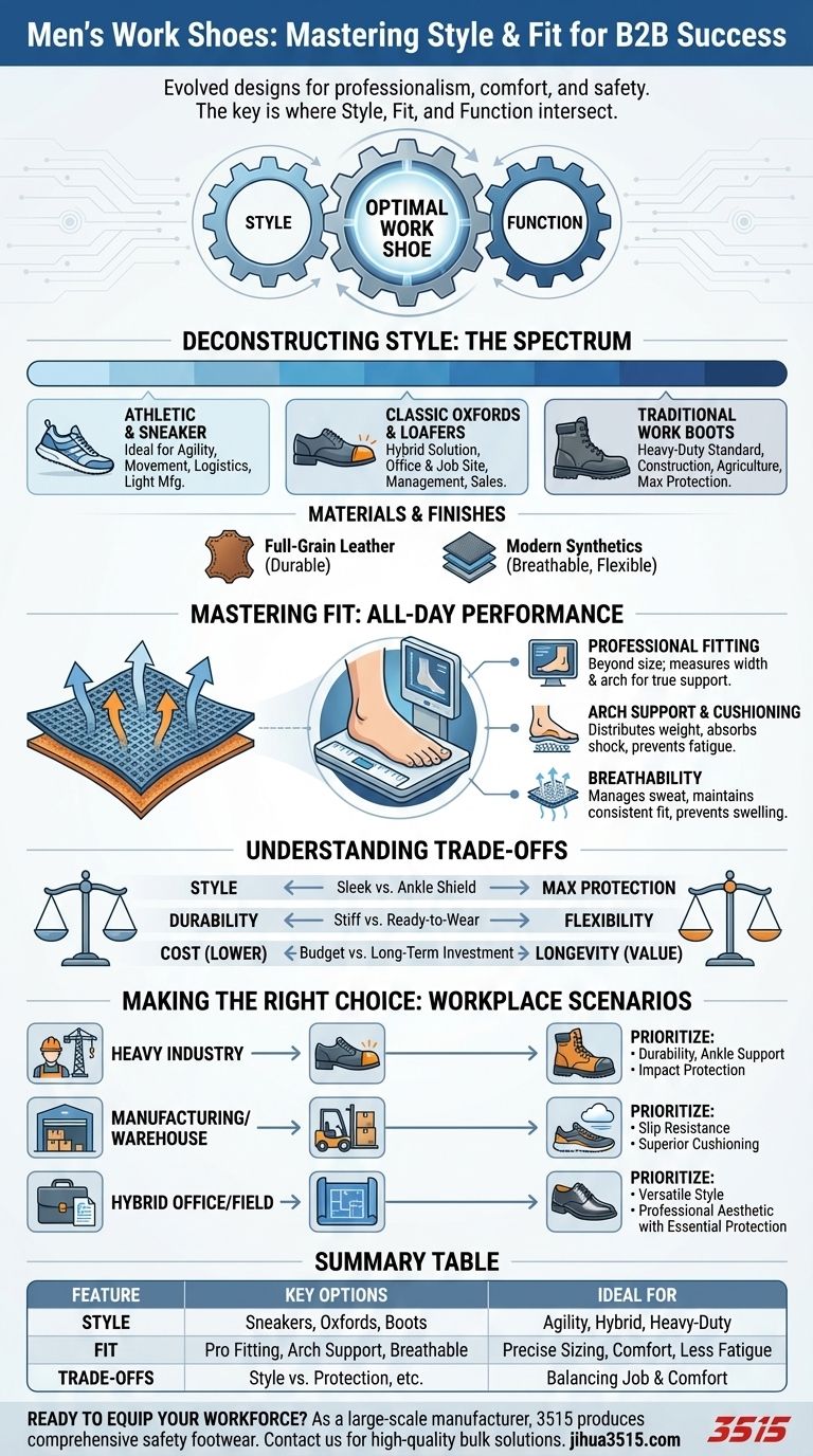 남성 작업화에는 어떤 스타일과 핏 옵션이 있습니까? 직무에 완벽한 핏을 찾으세요. 시각적 가이드