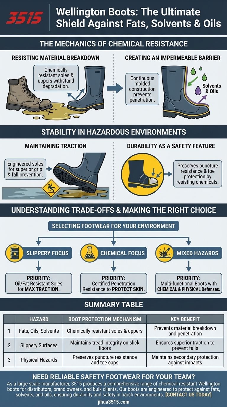 Comment les bottes Wellington protègent-elles contre les dangers tels que les graisses, les solvants et les huiles ? Conçues pour une résistance chimique ultime Guide Visuel