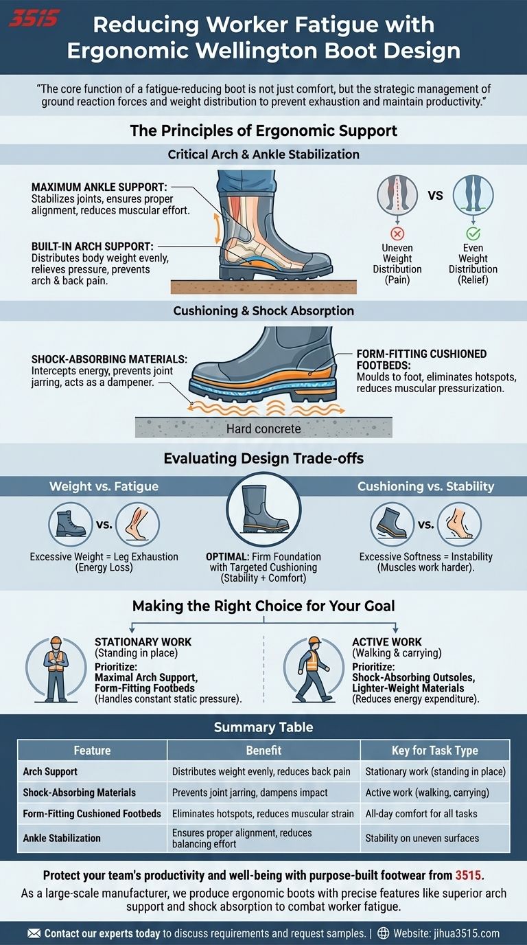 장시간 서서 일하는 작업자의 피로를 줄이는 데 도움이 되는 웰링턴 부츠의 디자인 특징은 무엇인가요? 시각적 가이드