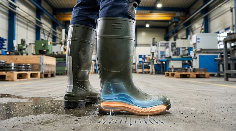 장시간 서서 일하는 작업자의 피로를 줄이는 데 도움이 되는 웰링턴 부츠의 디자인 특징은 무엇인가요?