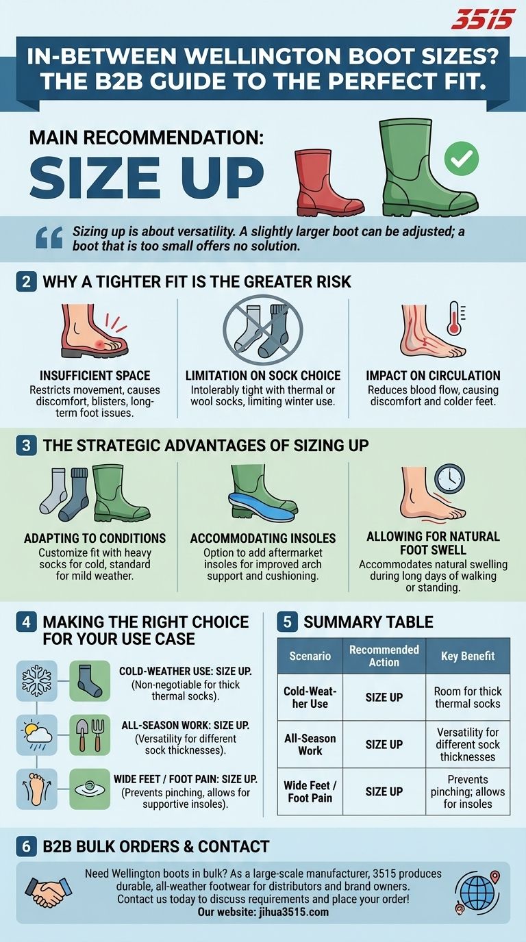 ¿Qué debo hacer si estoy entre dos tallas de botas de agua Wellington? Elige la talla más grande para mayor comodidad y versatilidad Guía Visual