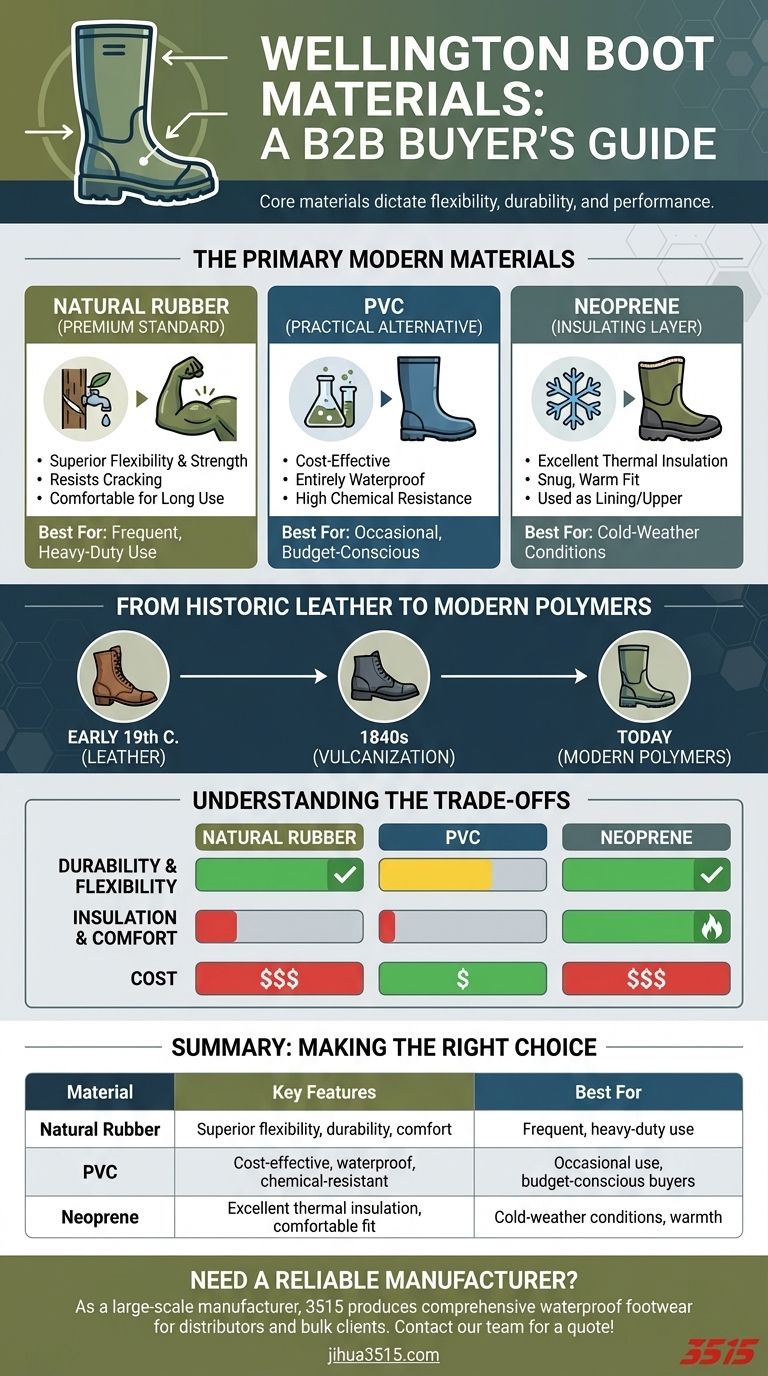 De que materiais são feitas tipicamente as galochas? Borracha Natural, PVC ou Neoprene? Guia Visual