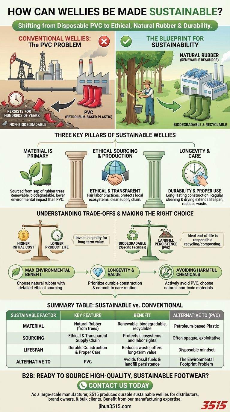 웰링턴 부츠를 지속 가능하게 만드는 방법은 무엇인가요? 천연 고무 및 윤리적 생산으로 전환 시각적 가이드