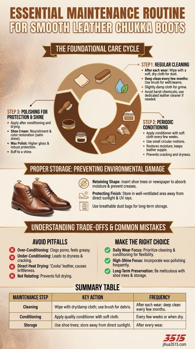 Come si devono mantenere gli stivali Chukka in pelle liscia? Una semplice guida in 3 passaggi per la longevità Guida Visiva