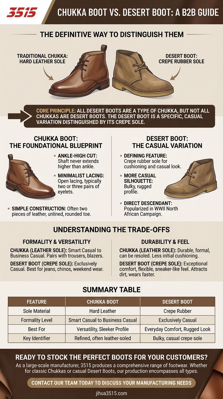 데저트 부츠와 처커 부츠를 어떻게 구분할 수 있을까요? 핵심 차이는 밑창에 있습니다. 시각적 가이드