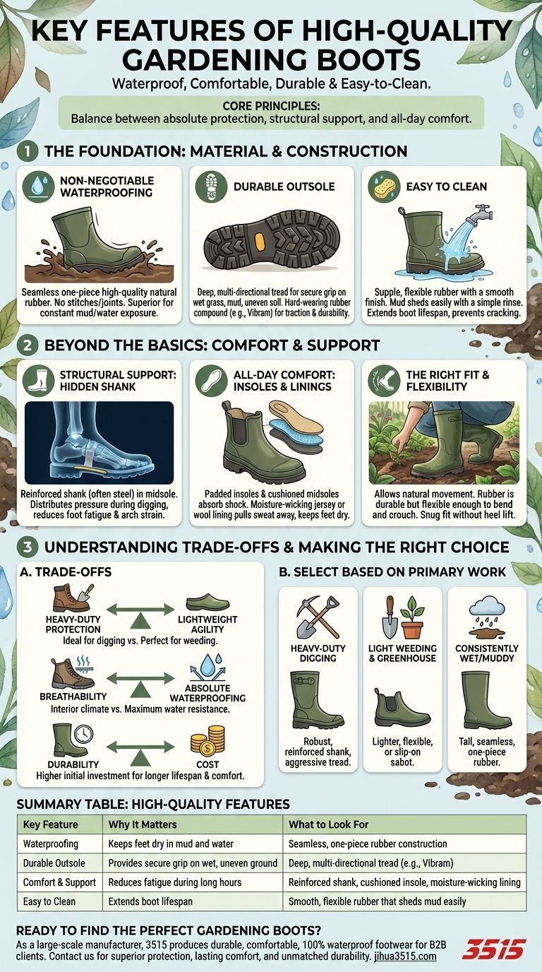 What features should one look for in high-quality gardening boots? Ensure Dry, Comfortable Feet All Day Visual Guide
