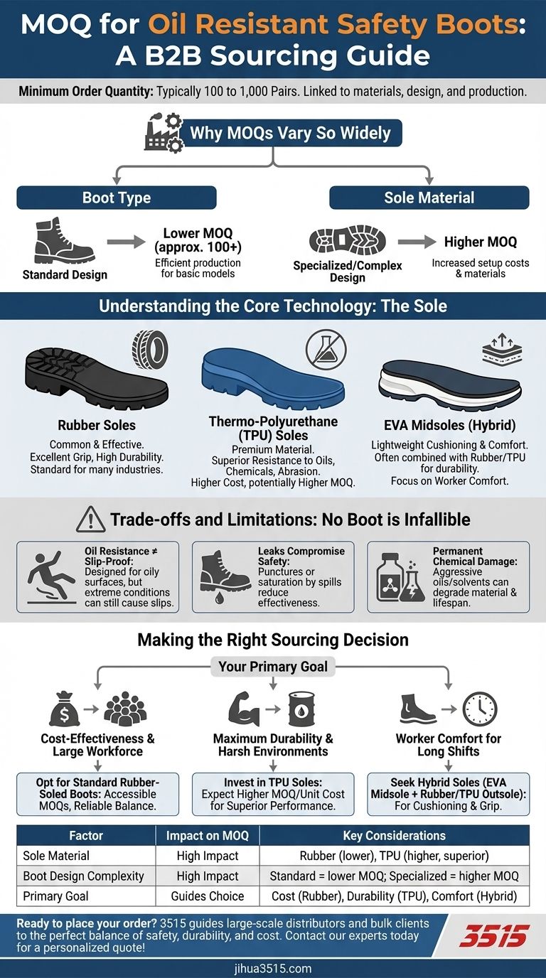 What is the minimum order quantity for oil resistant safety boots? Navigate MOQs from 100 to 1,000 Pairs Visual Guide