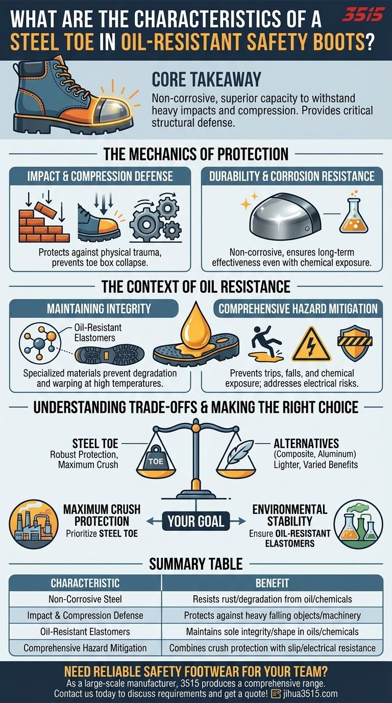 내유성 안전화의 스틸 토(Steel Toe) 특징은 무엇인가요? 최대 압착 보호 시각적 가이드