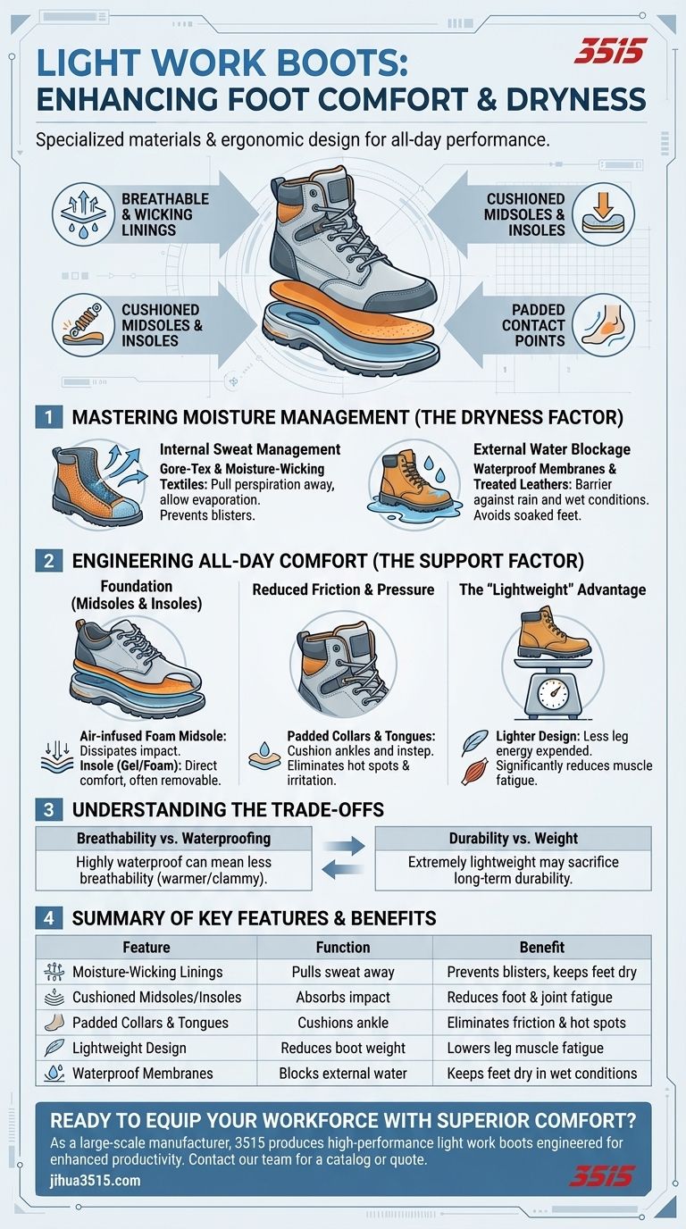 Welche Merkmale sind in leichten Arbeitsstiefeln enthalten, um den Komfort und die Trockenheit der Füße zu verbessern? Entwickelt für ganztägigen Komfort Visuelle Anleitung