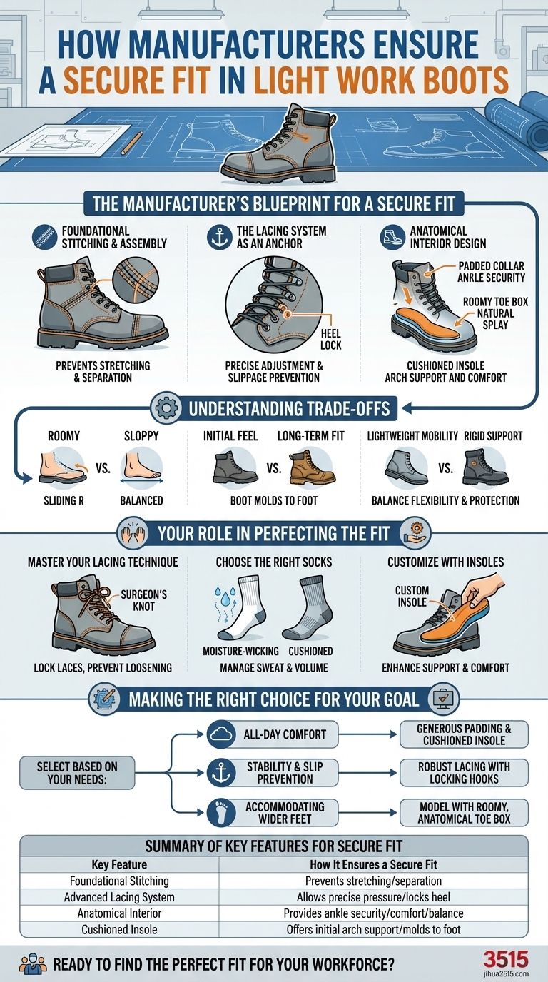 How do manufacturers ensure a secure fit in light work boots? Discover the Engineering Behind Perfect Fit Visual Guide
