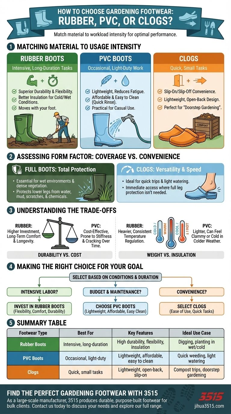 ¿Cómo elegir entre botas de goma, botas de PVC y zuecos para jardinería? Encuentra tu ajuste perfecto para comodidad y durabilidad. Guía Visual